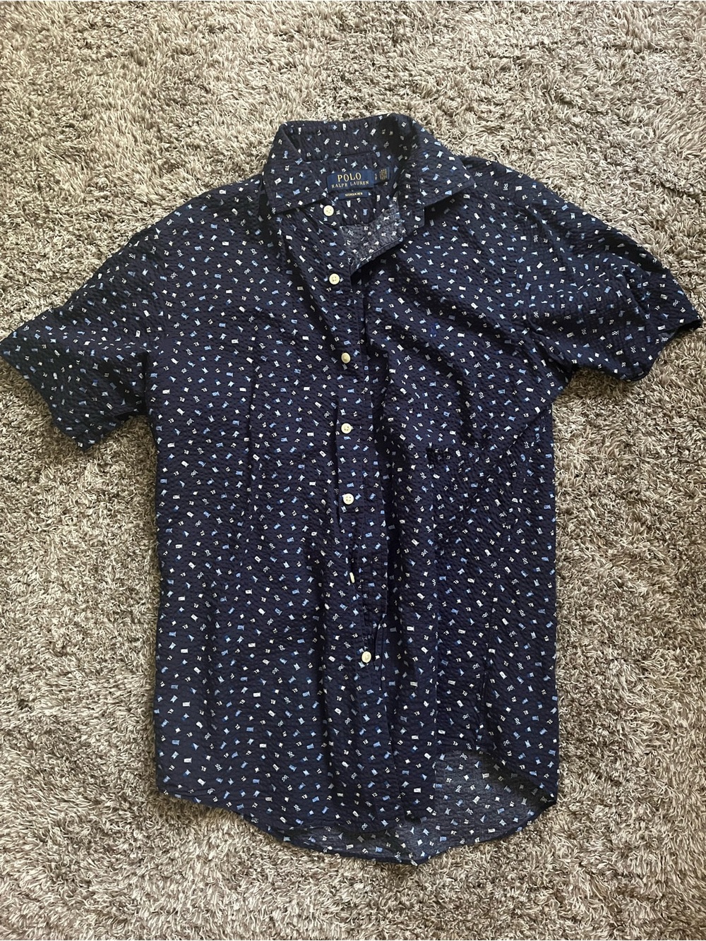Ralph Lauren Navy Short-Sleeve Button-Down Shirt with Light Blue Print